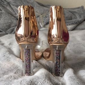 Rose gold, clear strapped glitter chunk heels